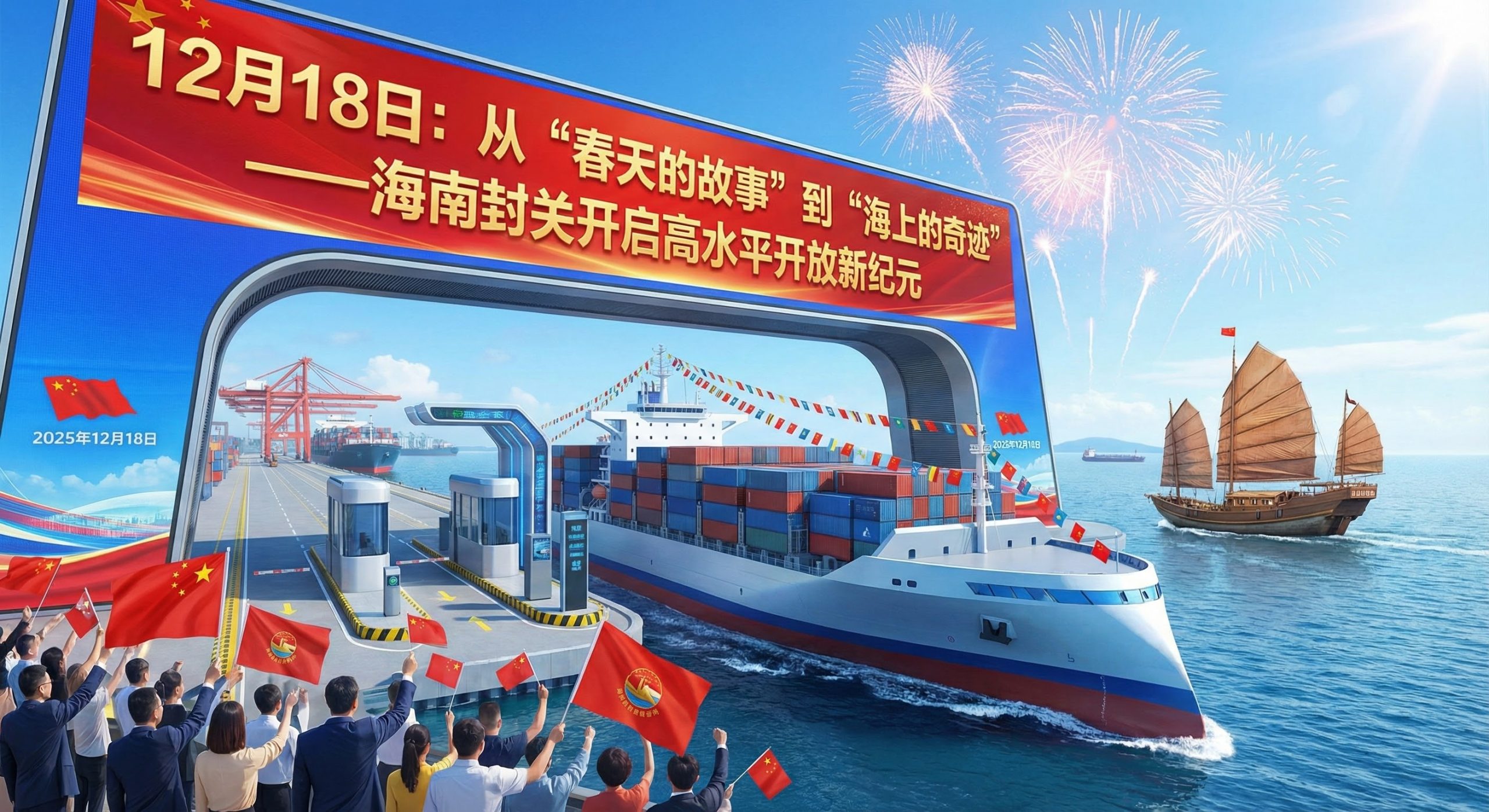 展示2025年12月18日海南自贸港封关运作开启新纪元的创意插图，包含现代化集装箱港口、货轮及高水平开放庆祝场景。