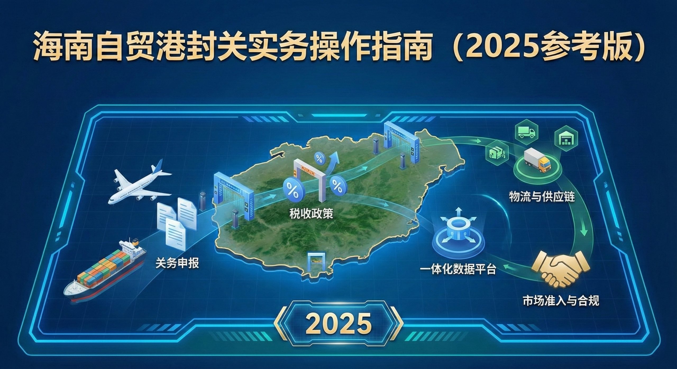 一张信息图，展示了《海南自贸港封关实务操作指南（2025参考版）》。图中通过“一线放开”连接全球贸易和“二线管住”连接海南港口城市的视觉对比，详细图解了零关税、简税制、贸易自由和跨境资金等封关运作的关键政策点。