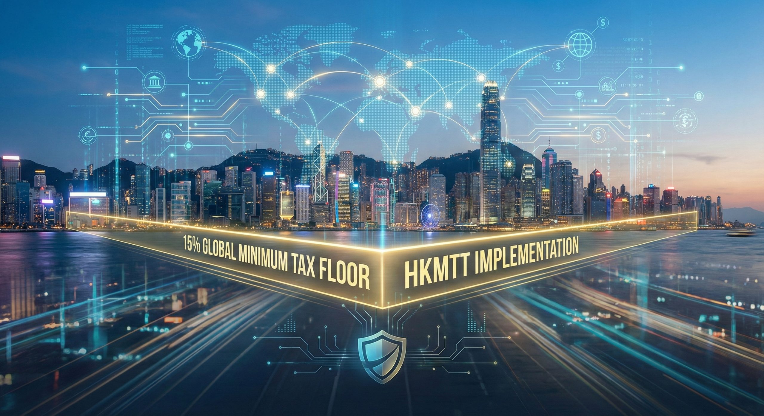 Hong Kong financial district skyline featuring the ICC tower under clear blue sky, representing corporate stability for HKMTT and Global Minimum Tax compliance.