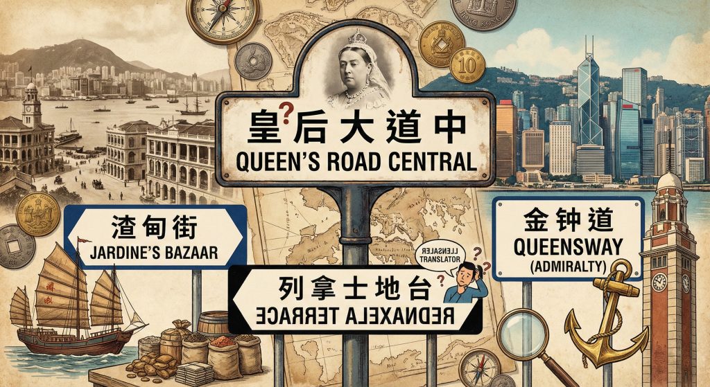 A historical montage illustrating the unique stories behind Hong Kong's bilingual street names. Central signs highlight famous examples: "Queen's Road Central" with a portrait of Queen Victoria questioning the "皇后" (Empress/Queen) translation, and the infamous backward-spelled "Rednaxela Terrace" with a confused translator. The collage also features "Jardine's Bazaar" with a trading junk ship representing merchant history, and "Admiralty" with an anchor representing naval heritage, all set against a backdrop blending colonial-era Victoria Harbour with the modern skyline.