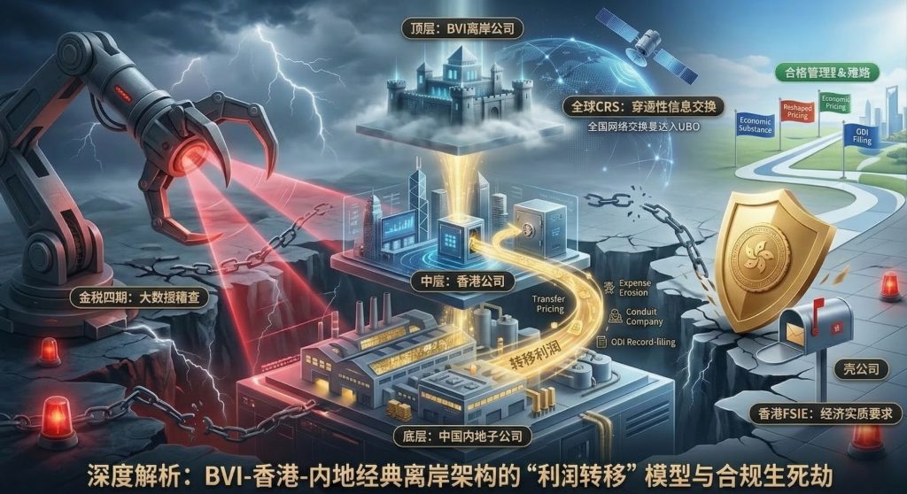 一个戏剧化的商务插图，展示了面临巨大全球监管压力的 BVI-香港-内地离岸架构。顶层 BVI 是隐秘堡垒，中层香港是数据枢纽，底层内地是工厂。一条金色的利润流从内地经香港流向 BVI。周围有金税四期机械爪、全球 CRS 网络和香港 FSIE 盾牌。画面中有雷暴、深渊、警示标志，象征合规生死劫。远处有通向合规重生的路。